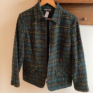 Vintage 90s Sag Harbor Green Black Textured Plaid Blazer zipper front Y2K